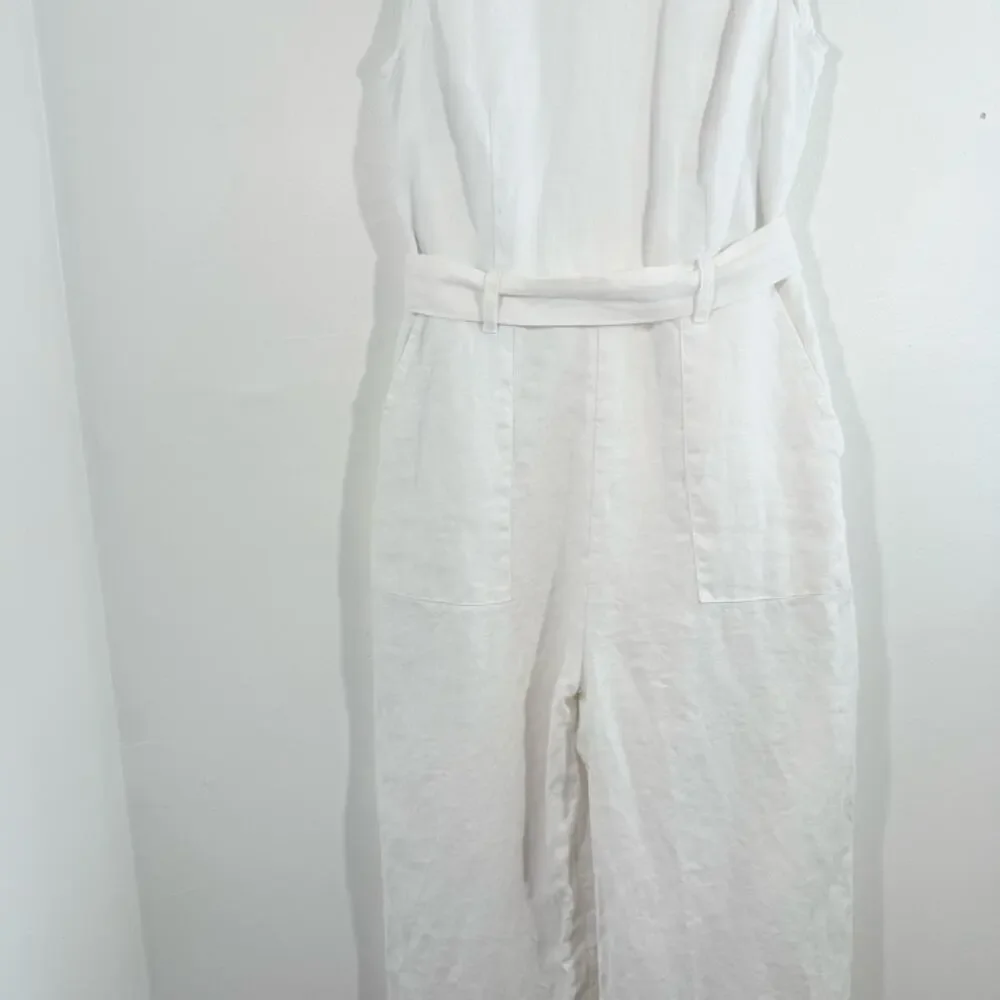 Reformation Naomi White 100% Linen Wide Leg Belted Jumpsuit Size 2